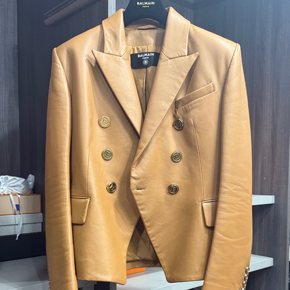 Balmain Camel Double-Breasted Blazer with Gold Buttons